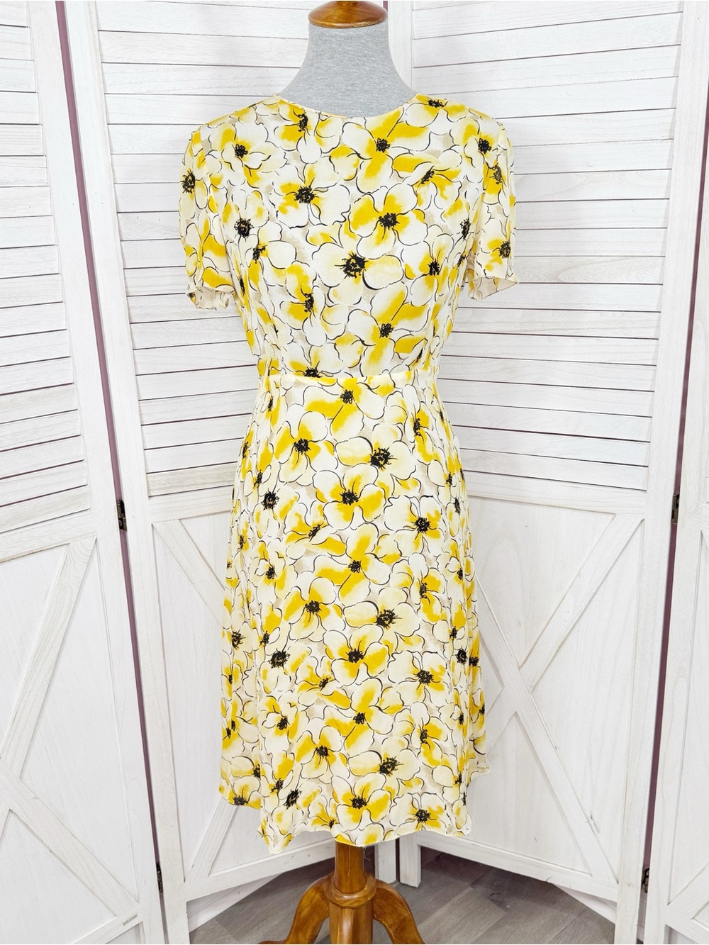 Hugo Buscati Floral Silk‎ Dress Yellow Size 6 Fit Flare Retro Twee Summer